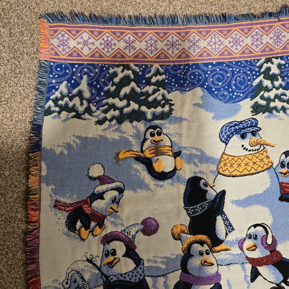 Vintage Goodwin Weavers Blanket North Pole Penguins Fish Ice Throw Cotton USA - Picture 2 of 8